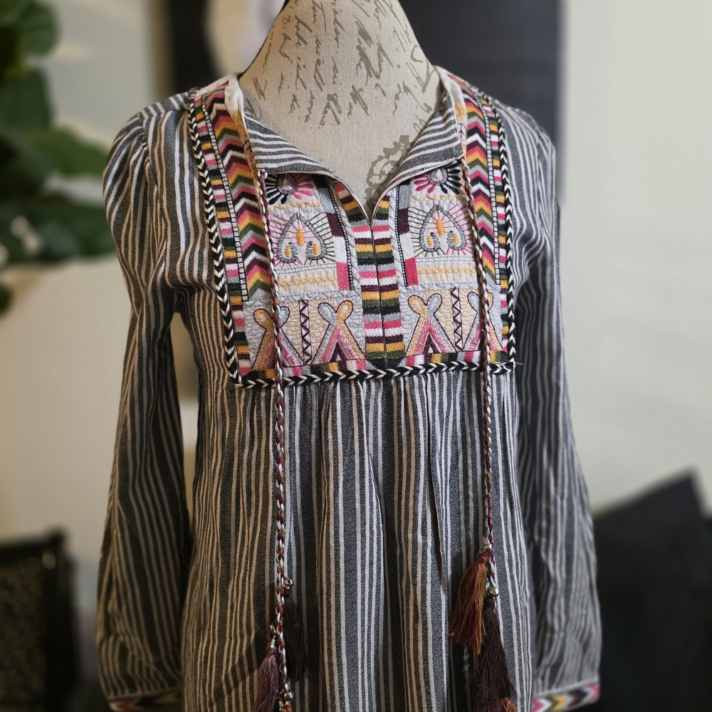 Stunning Chelsea & Theodore Emroidered Striped Boho Festival Dress with Tassels